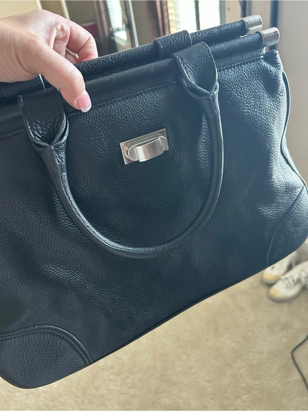 Structured Black Leather Satchel with Polished Hardware